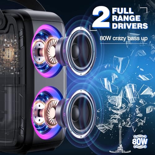 W-KING 80W Portable Party Boom Box Outdoor Wireless Bluetooth Speaker Loud Big Large with 2 Full-Range Drivers-Super Bass with Lights, IPX5, Huge 105dB Sound, 24H, U-Disk, TF, AUX, EQ - Thumbnail 2