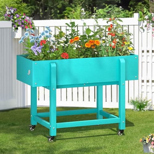 LUE BONA Raised Garden Bed with Wheels, 39.4 * 16.7 * 28 in, Poly Elevated Outdoor Planter Box with Tools, Weather Resistant, Standing Growing Bed Herb Planter for Vegetable, Flowers, Fruits - Image 1