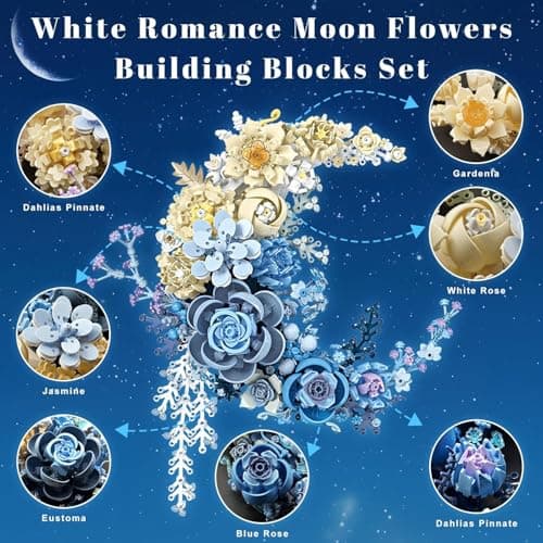 Blue Moon Flower Building Set - Botanical Collection Building Blocks for Adults, Moon Decor Wall Art Artificial Flowers, DIY Gift for Christmas, Valentines, Birthday, Mother’s Day, Tabletop Decoration - Thumbnail 6