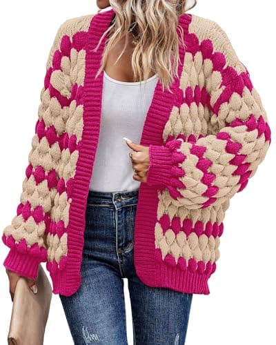 KIRUNDO Womens Cardigans Cute Color Block Stripe Long Sleeve Cardigan Sweaters Crochet Chunky Knit Sweater Outwear Trending Clothes for Women 2026 Hot Pink Outfits(Rose Red, X-Large) - Image 1