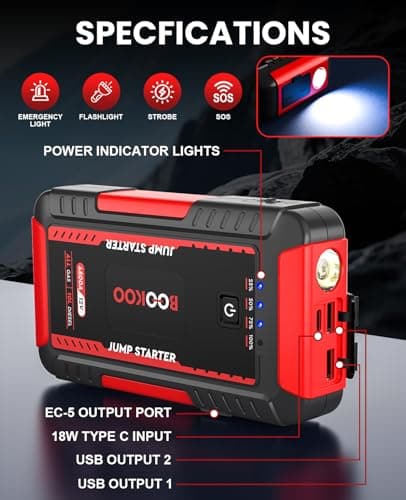 BOOKOO Portable Car Jump Starter, 4500A Car Battery Jump Starter for Upto 10L Gas and 8L Diesel Engines,12V Jump Box with Jumper Cables,USB QC3.0,LED Light - Thumbnail 5