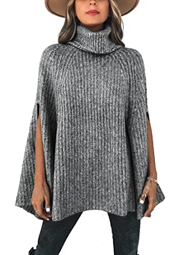 KIRUNDO Women's 2026 Fall Winter Turtleneck Poncho Sweater Fashion Chunky Knit Cape Wrap Sweaters Pullover Jumper Tops(Grey, Large) - Image 1
