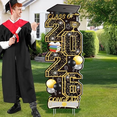 4 Pcs Graduation Yard Signs Class of 2026, Large Black Gold Congrats Grad Sign with Stakes, Grad Yard Signs 2026 for College High School Graduation Decorations Backdrop Outdoor Indoor Decor Supplies - Image 1