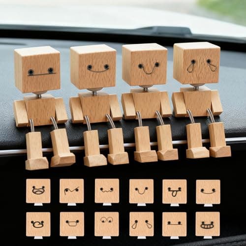 Manoai Shaking Wooden Man Figurine, Shaking Feet Woodens Doll with 12PCS Magnetic Expressions, Handmade Shaking Feet Wooden Car Dashboard Decorations, Creative Wood Desktop Decor - Thumbnail 6