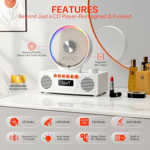 Retro Portable CD Player for Home Decor, CD Player with Speakers, Bluetooth/Battery/Remote, Desktop Vintage CD Players for Kids to Seniors, Combo with Radio/USB Driver/Stereo Sound/AUX/Timer - Thumbnail 2