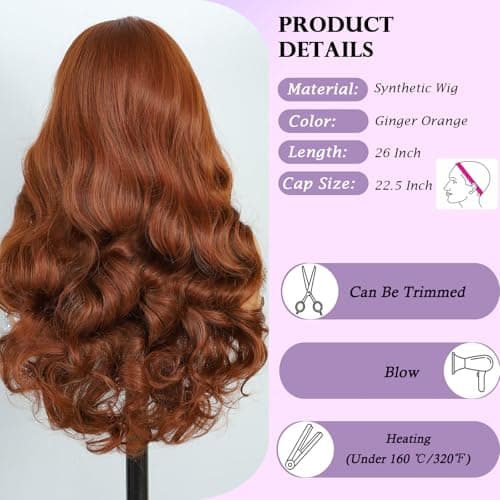 Barbique Ginger Orange Synthetic Lace Front Wig for Women, 13x6 Lace Front, Long Wavy with Baby Hair, Deep Parting, Natural Hairline, Hd Lace, Heat Resistant Fiber Wig 26 Inch - Thumbnail 4