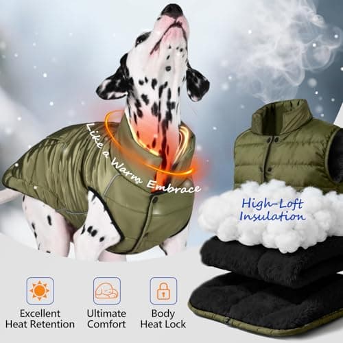 Dog Winter Puffer Jacket Waterproof, Reflective Furry Fleece Lined Dog Coats for Small Medium Dogs, Warm Snow Coat, Insulated Cold Weather Dogs Vest Jackets with Leash Hole, Olive - Thumbnail 2