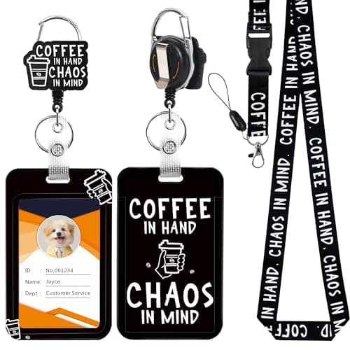 JroyJoy ID Badge Holder with Lanyard & Heavy-Duty Retractable Reel – Funny & Unique Design, Coffee in Hand, Fits School ID Badge, Name Card, Work ID for Nurses, Teachers, Students, Office Workers