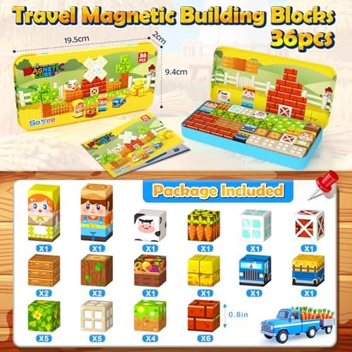 Soyee Magnetic Blocks Travel Toddler Toys Magnet Building Tiles Construction Cubes STEM Sensory Learning Farm Toys with Box Christmas Birthday Gifts for Kids Ages 3 4 5 6 7 8 Year Old Boys Girls - Thumbnail 5