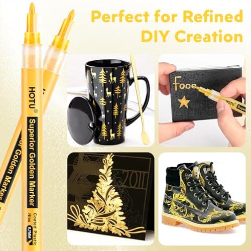 HOTU 5 Pack Super Gold Paint Markers - Metallic Gold Acrylic Paint Pens Glitter Extra Fine Tip 0.7mm for Black Paper,Wood, Rock Painting, Glass, Fabric - Thumbnail 2