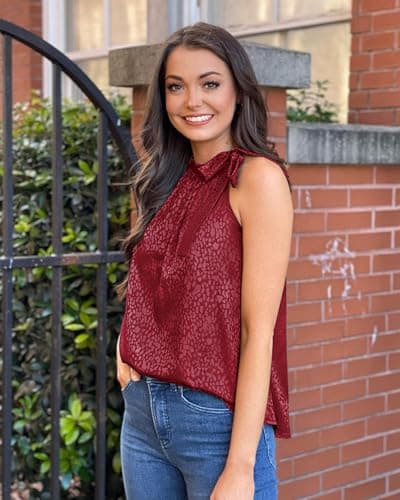 BTFBM Satin Halter Tops for Women 2026 Summer Spring Clothes Leopard Side Tie Bow Mock Neck Sleeveless Loose Tank Top(Wine Red, Medium) - Thumbnail 2