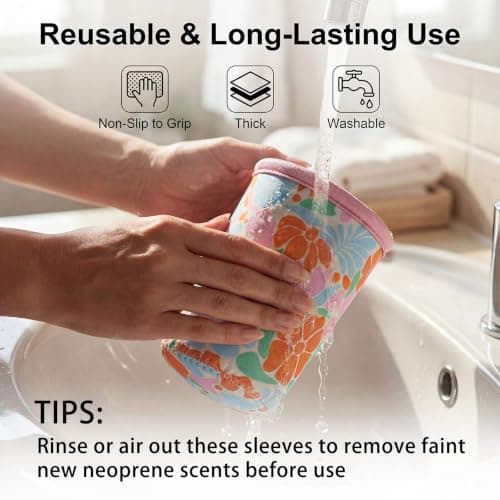 Reusable 3-Pack Insulated Neoprene Iced Coffee Cup Sleeve, 16-32oz Cold Drink Sleeve Compatible with Starbucks, Dunkin, Dutch Bros, Gong Cha (Matisse Flowers) - Thumbnail 5