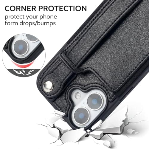 TOOVREN Phone Case for iPhone 16 Wallet Case with Card Holder Stand Strap Lanyard Case fits iPhone 16 Case with Wallet PU Leather Shockproof Detachable Phone Cover for Women & Men 6.1 Inch Black - Thumbnail 4