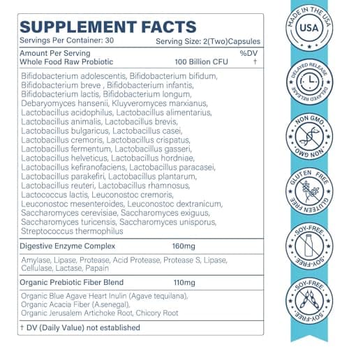 Raw Probiotics for Women & Men - 100 Billion CFU, 35 Strains, Organic Prebiotics & Natural Digestive Enzymes for Digestive, Gut & Immune Health - Soy and Gluten Free, Non-GMO, 180 Vegan Capsules - Thumbnail 2