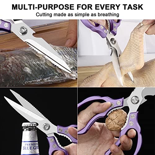 CGBE Kitchen Scissors All Purpose Heavy Duty, Ultra Sharp Stainless Steel Kitchen Shears Dishwasher Safe, Cooking Shears for Chicken, Poultry, Fish, Meat, Herbs & Grapes with Non-Slip Grips - Purple - Thumbnail 3
