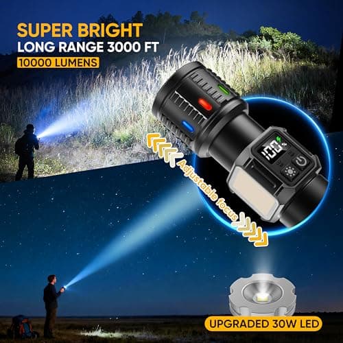 lesusnicy Rechargeable Flashlights High Lumens 100,000, Super Bright LED Flash Light Long Lasting USB C LCD Display, Dual Light Source & Buttons with Red Light, for Camping Hiking Emergency Home Gift - Thumbnail 2