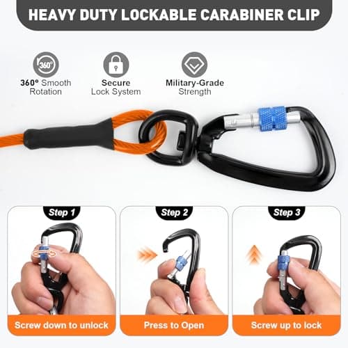 Libbipaw Dog Tie Out Cable 30FT Heavy Duty Chew Proof, Tangle-Free Runner with 360° Swivels & Locking Clip for Large Dogs Up to 250LBS - Rust Proof Leash for Yard, Camping, Outside (Orange 30FT) - Thumbnail 3