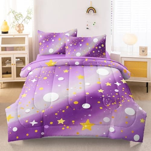 HICAND 5 Pcs Twin Bedding Sets for Girls, Purple Glitter Rainbow Bed in A Bag Twin Size Bed Set, Stars Galaxy Bedding Comforter Set for Girls - Thumbnail 4