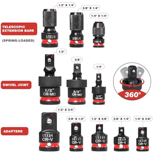 AmazingFree 11-Piece Impact Socket Adapter Set-Impact Rated Drill Socket Adapters&Extensions,1/4" 3/8" 1/2" Drive,CR-V&CR-MO Steel,Ball Detent for Secure Fit,Essential Tool Kit for Car/Home Repair - Thumbnail 2