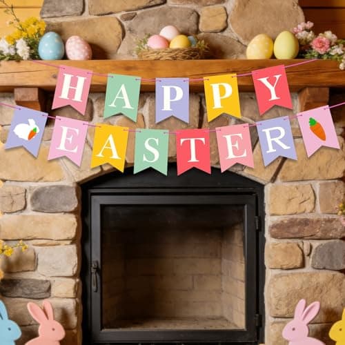 Oeyliz Easter Banners Happy Easter Garland Decorations Happy Easter Sign for Home Easter Party Decorations for Indoor Outdoor Spring Farmhouse Office Mantle Wall Decor - Thumbnail 3