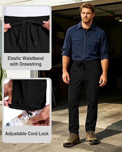 Mens Cargo Work Pants 5 Pockets Waterproof Lightweight Quick Dry Tactical Hiking Pants UPF 50+ Elastic Waist Drawstring Casual Athletic Workout Running Black XXL - Thumbnail 6