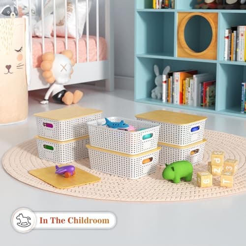 Ohmlove Plastic Storage Baskets With Bamboo Lid - Plastic Storage Containers Stackable Storage bins: Storage Baskets for Organizing Shelves Drawers Desktop Closet Playroom Classroom Office, 6 Pack - Thumbnail 5