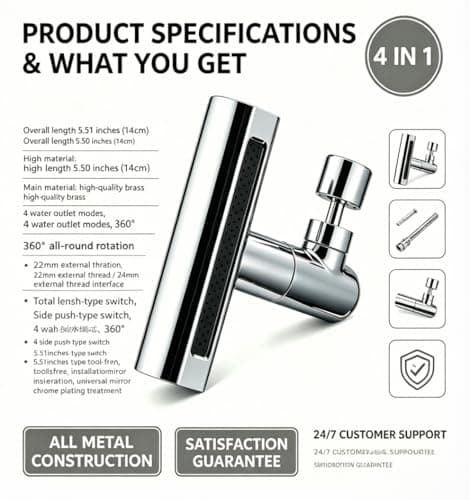 Faucet Extender, 5.5 Inch Long, 4 in 1 360° Waterfall Kitchen Faucet Head Replacement with 2 Adapters & Spanner, Metal Construction, Universal Adapter, Extender for Bathroom Sink. - Thumbnail 6