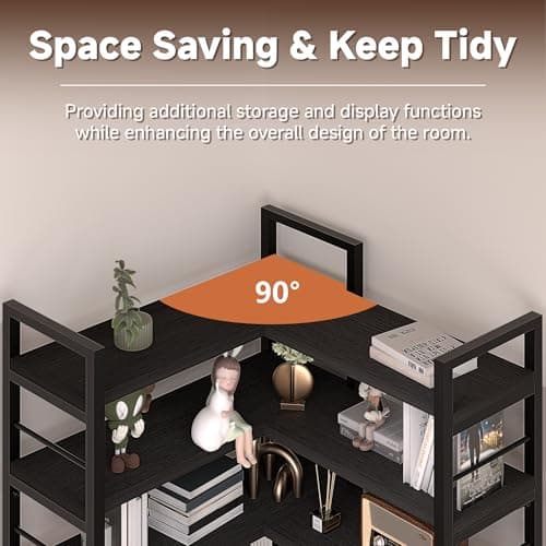 TEROL 7-Tier Corner Bookshelf, Reversible Wooden Shelves, Industrial Bookcase with Open Shelves and Sturdy Metal Frame, Display Shelf Storage Rack for Living Room, Bedroom, Home Office (Black) - Thumbnail 6