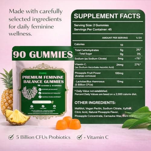 JianQ Premium Feminine Balance Gummies for Women - pH Balance Support & Vaginal Probiotic with Hawaiian Pineapple Flavor, Vegan, Gluten-Free – 90 Gummies (45 Servings) - Thumbnail 5