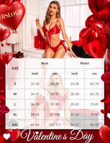 RSLOVE Women Sexy Lingerie Set Satin Bow Tie 2 Piece Bra and Panty Sets Red Large - Thumbnail 5