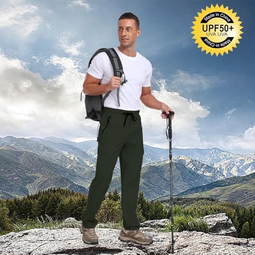 Mens Cargo Hiking Pants with 4 Pockets Waterproof Quick Dry Lightweight UPF 50+ Elastic Waist Drawstring Casual Work Travel Outdoor Fishing Army Green S - Thumbnail 3
