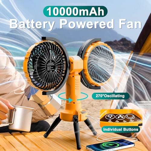 WISFISSH 10000mAh Outdoor Camping Fan, Oscillating Battery Operated Tent Fan with LED Lantern, Dual Head Rechargeable Tent Ceiling Fan with Tripod & Hanging Hook - Yellow - Thumbnail 3