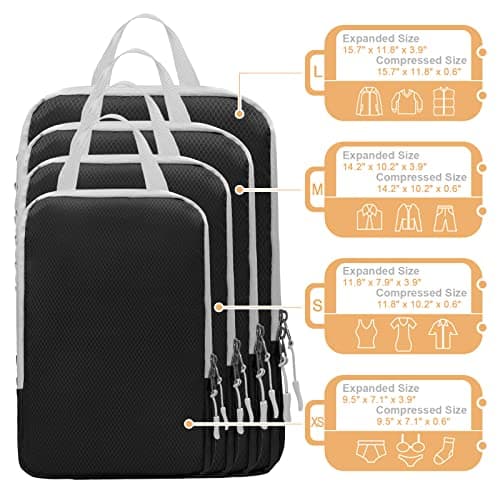 WOOMADA Compression Packing Cubes for Suitcases Travel Essentials 4 Set Expandable Travel Bags Organizer for Luggage(black) - Thumbnail 4