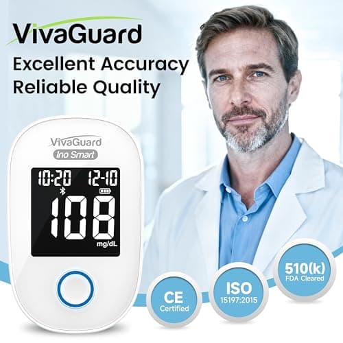 VivaGuard Ino Smart Bluetooth Blood Glucose Monitor Kit with Free App, Rechargeable Backlit Display Blood Sugar Meter with 100 Strips & 100 Lancets, Portable Diabetes Testing Kit for Travel, No Coding - Thumbnail 2