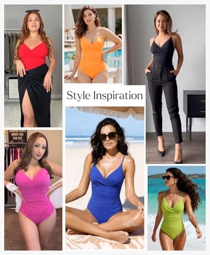 Popilush One Piece Swimsuit Women Tummy Control V Neck Ruched Shapewear Swimsuits Summer Beach Pool Vacation Red - Thumbnail 5