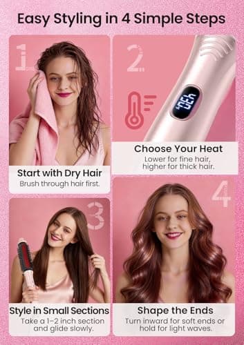 Infrared Thermal Brush 1.65”, 100M Negative Ions 2-in-1 Curling, Straightening & Smoothing Round Brush, 6 Heat Settings with LED Display, Lightweight Quiet, Dual Voltage, Auto Shut-Off, Pink Gift Box - Thumbnail 4