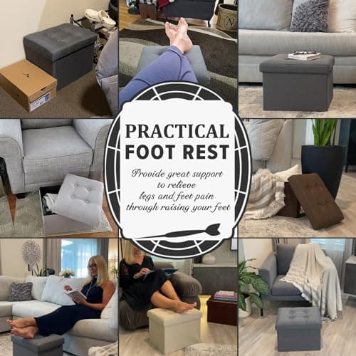 LINMAGCO Small Storage Ottoman Stool Foot Rest Stool Under Desk Stool Short Folding Ottoman Linen Cloth Dark Gray 17X13X13IN - Thumbnail 3