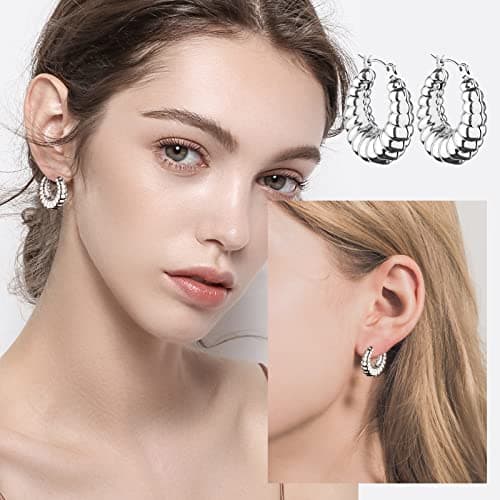 Wgoud Chunky Hoop Earrings Set Silver Hoop Earrings for Women Hypoallergenic, Thick Hoops Earring set, Twist Huggie Hoop Earring (6 Silver Chunky Hoops) - Thumbnail 2