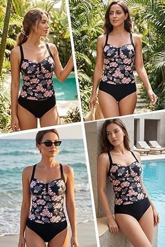 ZAFUL Tankini Swimsuit Tummy Control Bathing Suits 2 Piece Swimwear with High Waisted Bottom Ruched Vintage Floral Print Tankini Tops 2026 Suitable for Beach Weekends (Black Floral M) - Thumbnail 6