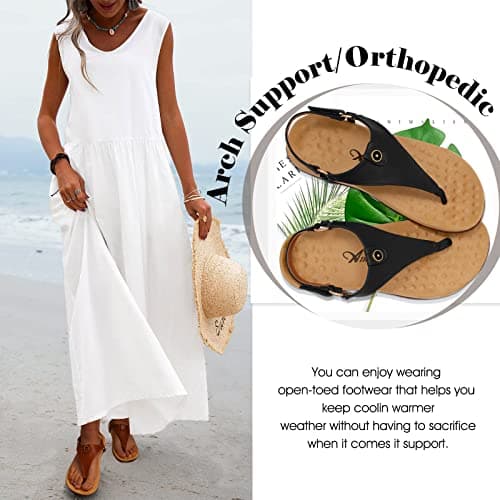 Athlefit Women's Comfortable Orthopedic Sandals Thong Dressy T-Strap Orthotic Casual Summer Arch Support Black Sandals size 7.5 - Thumbnail 4