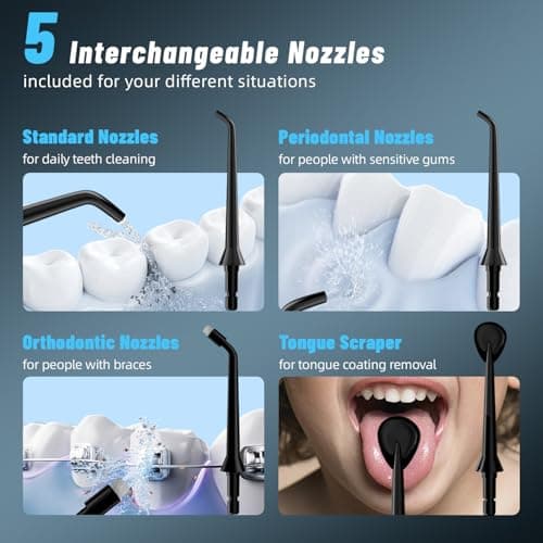 Water Dental Flosser Teeth Pick: Portable Cordless Oral Irrigator 320ML Rechargeable Travel Irrigation Cleaner IPX7 Waterproof Electric Flossing Machine for Teeth Cleaning (Black) - Thumbnail 5