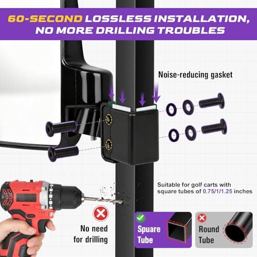 Golf Cart Side Mirrors, No Drilling Golf Cart Rear View Mirrors Universal for Club Car EZGO YAMAHA, Folding Golf Cart Mirrors with Multiple Size Clips, HD Shatterproof Glass Durable Anti-Shudder - Thumbnail 4