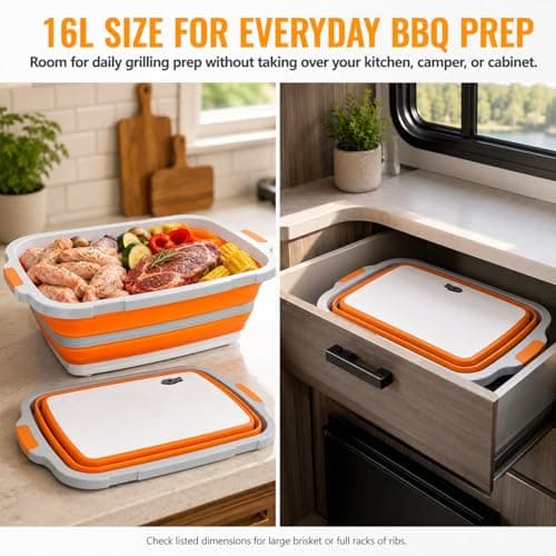 Collapsible BBQ Prep Tub with Cutting Board & Lid, Folding Food Container BPA-Free Heavy-Duty, Dishwasher Safe, Upgraded Drain Hole - for Camping, Grilling Outdoor Cooking (Orange, X-Large) - Thumbnail 3