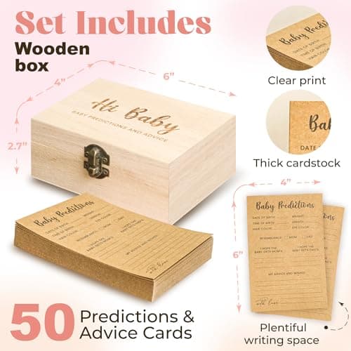WOODAMORE Baby Prediction Cards for Baby Shower Games - Set of 50 Advice Cards Keepsake Box, Guessing Game Activities - Thumbnail 2