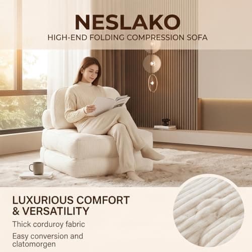 NESLAKO Folding Sofa Bed, Flannel Futon Couch Bed with Pillow and Blanket, Convertible Sleeper Chair for Living Room Bedroom, White - Thumbnail 5