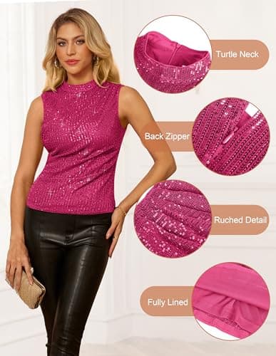 Sparkly Sequin Shimmer Tank Tops for Women Glitter Sleeveless Cami Crop Vest Club Party Top Shirts Rose Red Small - Thumbnail 4