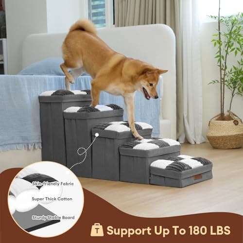 Dog Stairs with Storage, 5-Step Chessboard Plaid Handcrafted Dog Steps for Small Medium Dogs Cats, Folding Sturdy Pet Stairs Climbing Bed or Sofa, Grey - Thumbnail 2