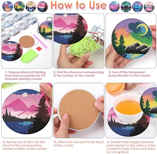 ijbnhd Sunsets Diamond Painting Coasters Kits, 8 Pieces Sunsets Diamond Art Coasters with Holder, DIY Art kit for Beginners 4X4inch (Cork Wooden Pad) - Thumbnail 6