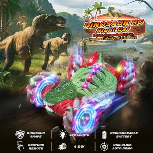 OSIMILY Remote Control Car，Dinosaur Toys car for Kids，2.4GHz LED Gesture Sensing RC Car，4WD Rotation RC Stunt Car with Lights and Music，Dino Toys for Kids Ages 3 4 5 6 7 Gifts for Boys Girls(Red) - Thumbnail 2