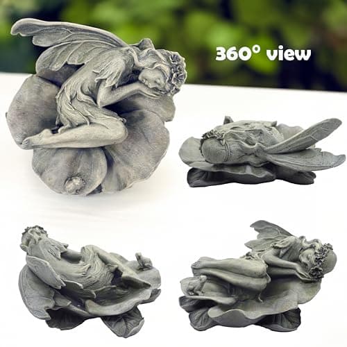 hvfun Garden Fairy Statue,Garden Sleeping Angel on Lotus Leaf with Bird Feeder Feature Outdoor Decor Sculptures Figurine Gardening Lawn - Thumbnail 3